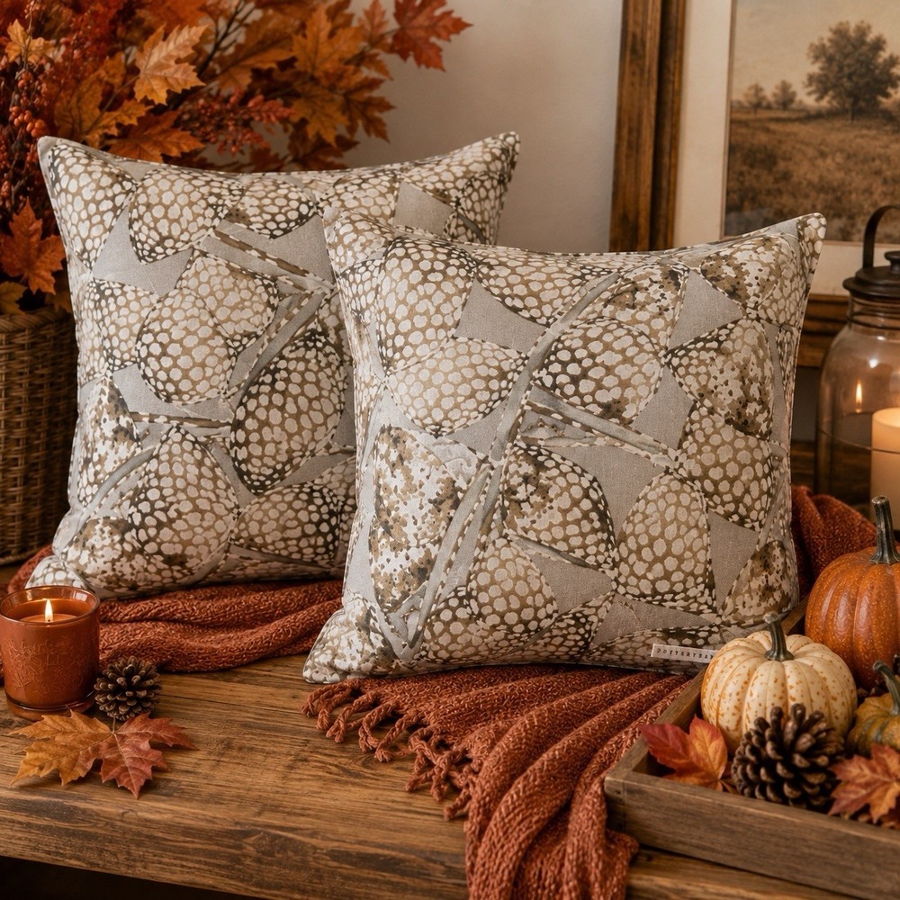 Pottery Barn Set of 2 Square Throw Pillows Neutral Brown Beige Botanical Print